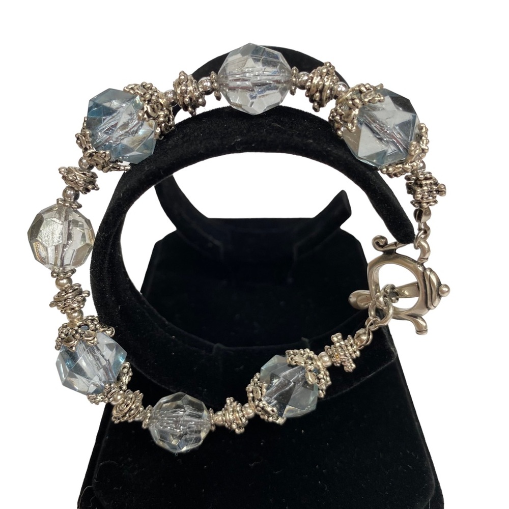 Teapot Spoon Tea Lover Silver Clear Pale Blue Bead Toggle Bracelet